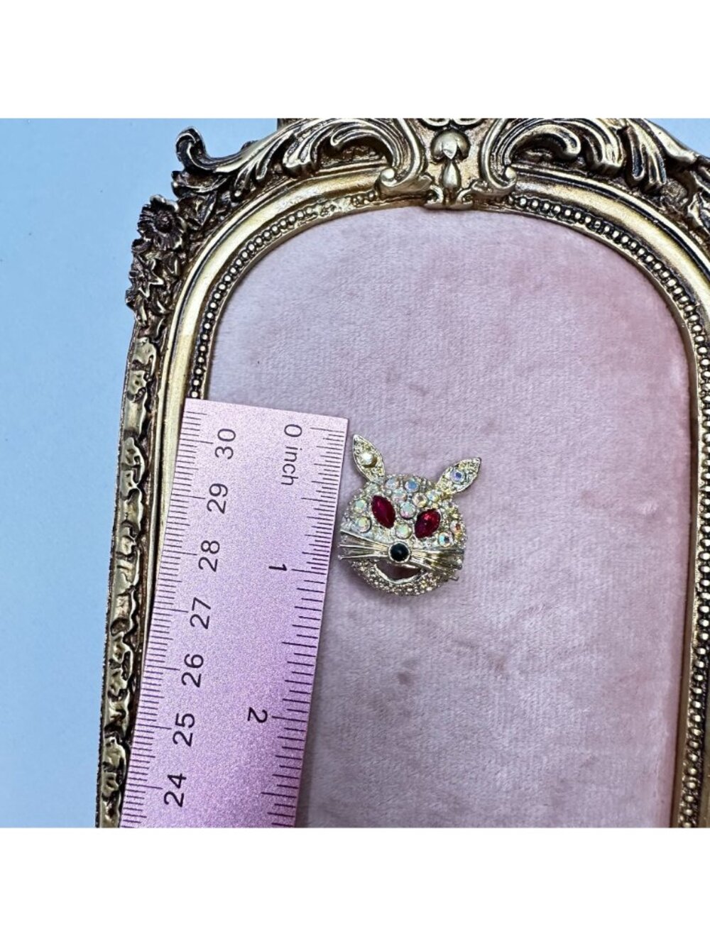 Vintage Aurora Borealis Crystal Rabbit Brooch Pin Red Rhinestone Eyes Gold-Tone - Picture 9 of 16